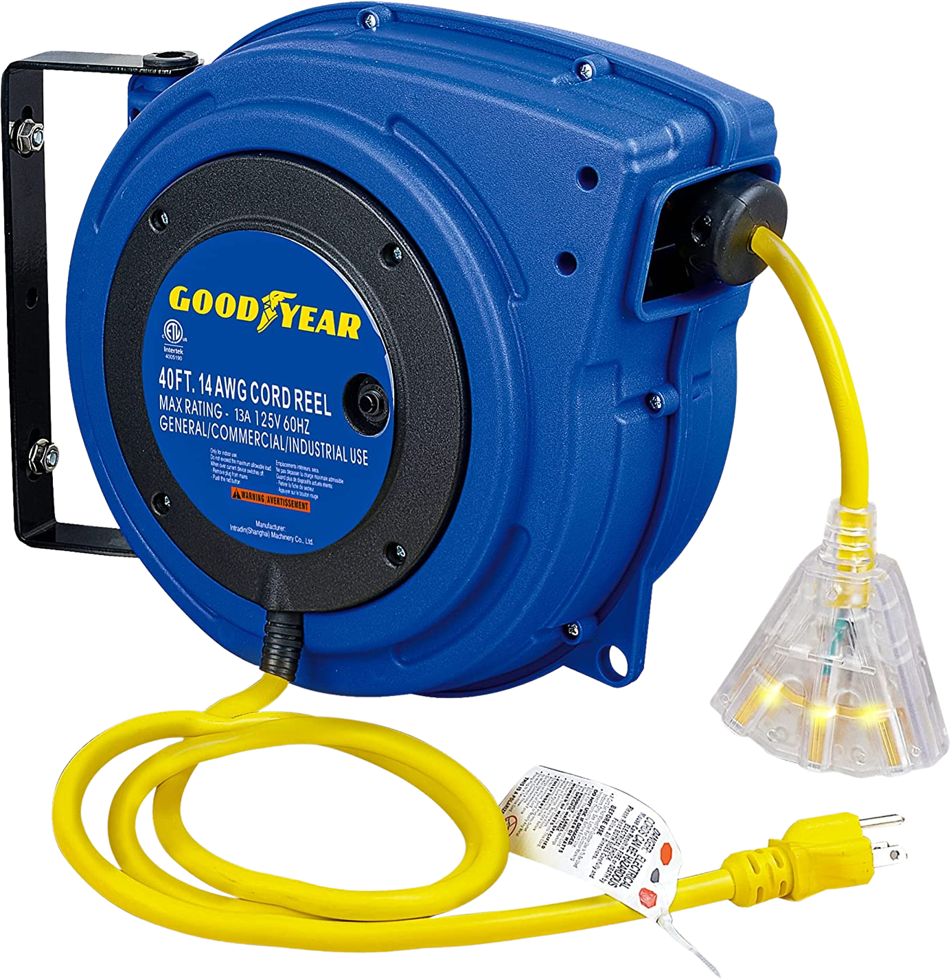 Goodyear Extension Cord Reel 40 ft 14AWG 3C Sjtow Triple Tap with LED Lighted Connector