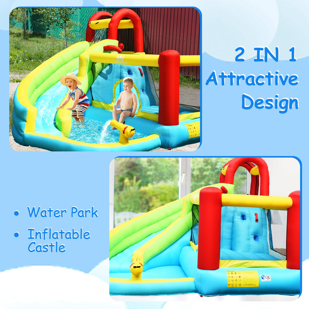 Brightly colored 6-in-1 inflatable bounce house with water slide, climbing wall, and basketball hoop for summer fun.
