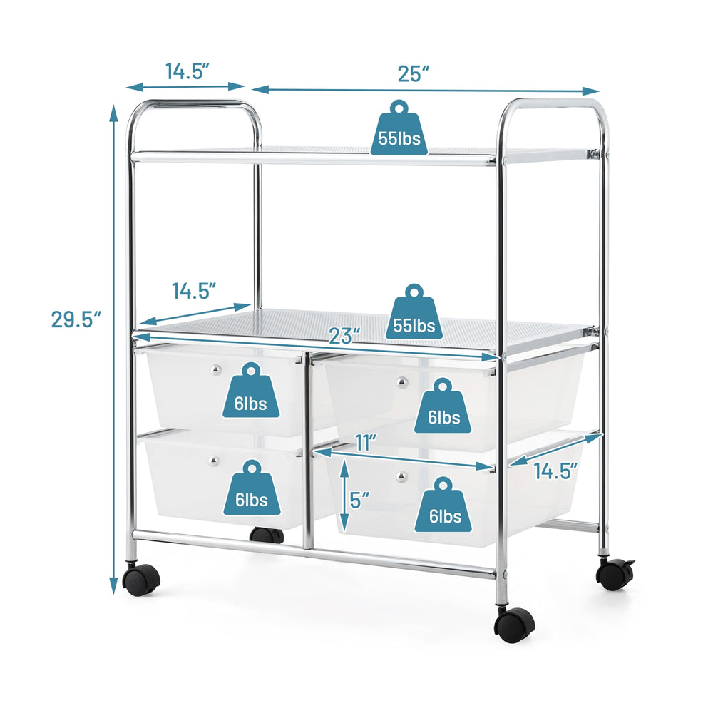 Rolling storage cart rack with 4 drawers and 2 mesh shelves, made of steel, ideal for kitchen and office organization.