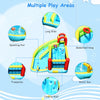 Inflatable bounce house featuring a climbing wall, water slide, and basketball hoop, perfect for summer backyard fun.