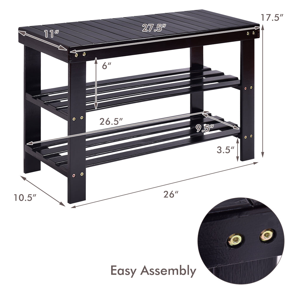 Black 3 tier bamboo bench storage shoe shelf with dimensions, ideal for shoe storage or as a bedside bench.