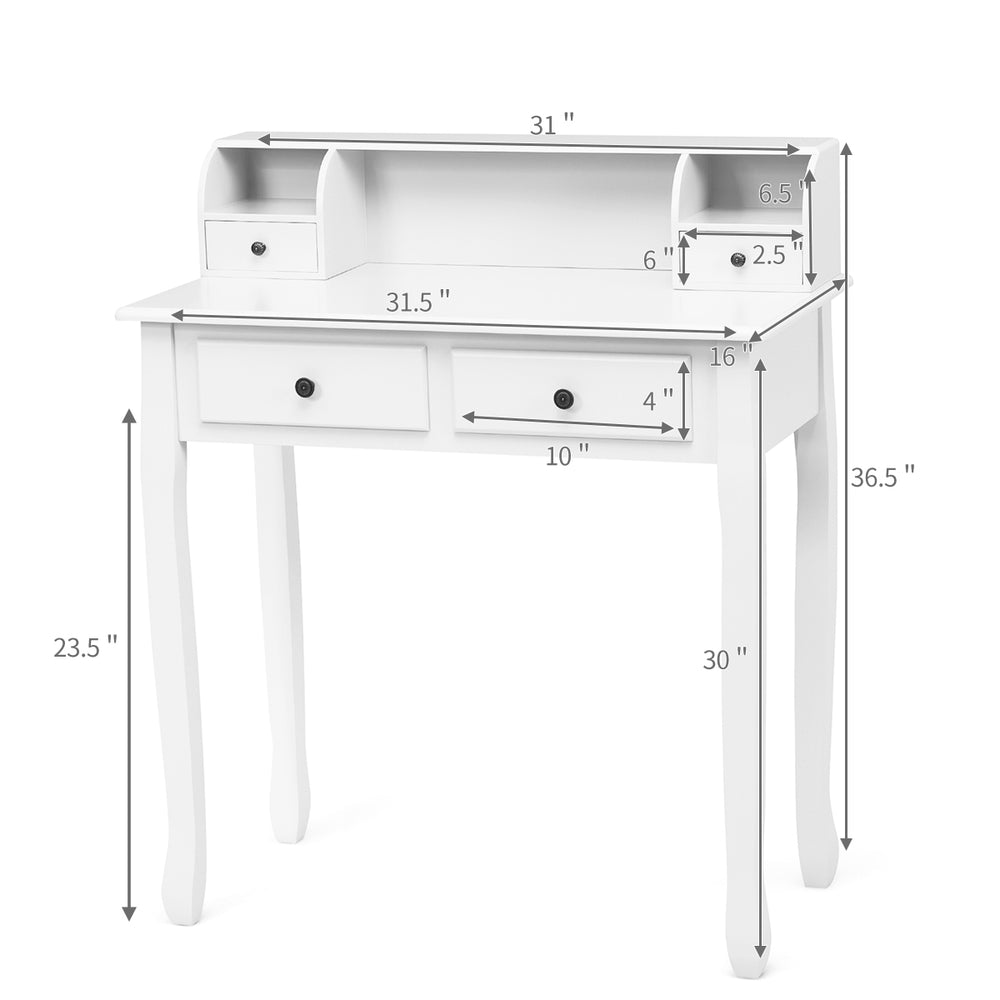 White writing desk with 4 drawers and detachable storage cabinet, perfect for dressing or writing in any decor.