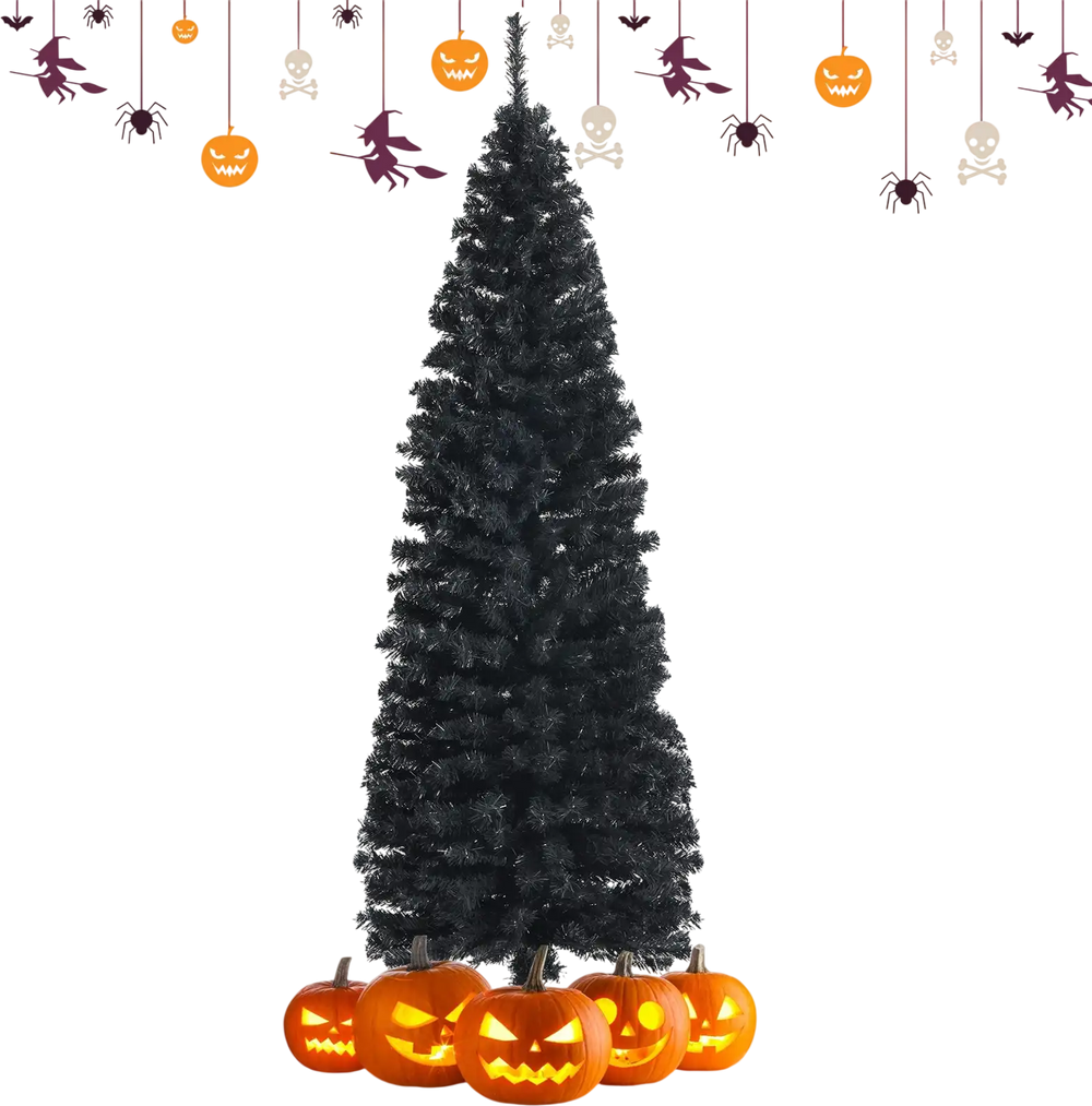 Black 6ft unlit artificial pencil tree with 520 branch tips, ideal for Halloween and festive decorations.