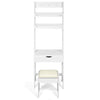Modern white 3-in-1 vanity set with flip top mirror, storage shelves, and matching stool for small spaces.
