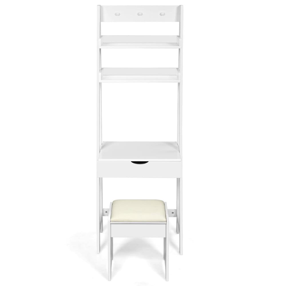 Modern white 3-in-1 vanity set with flip top mirror, storage shelves, and matching stool for small spaces.
