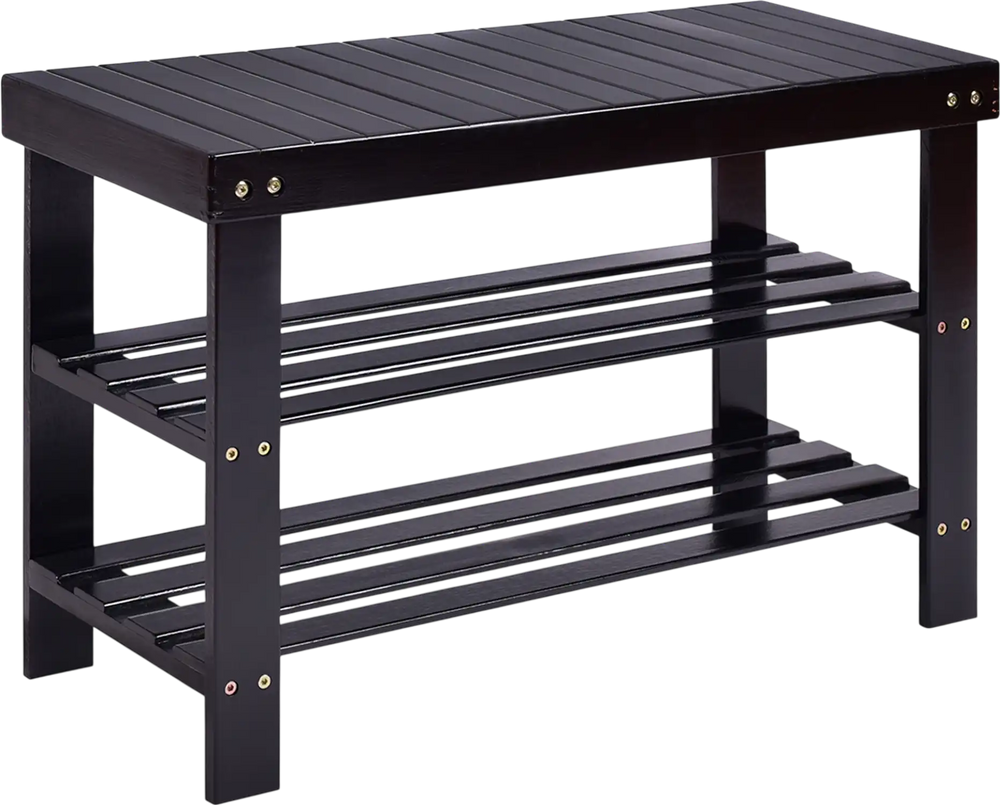 Black 3-tier bamboo bench storage shoe shelf with sturdy design, ideal for living room or bedroom organization.