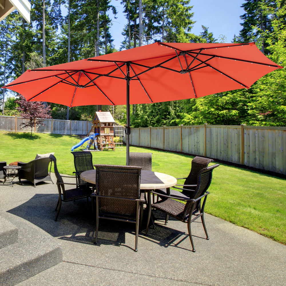 15 Feet Twin Patio Umbrella with 48 Solar LED Lights-Orange - Gallery View 1 of 11
