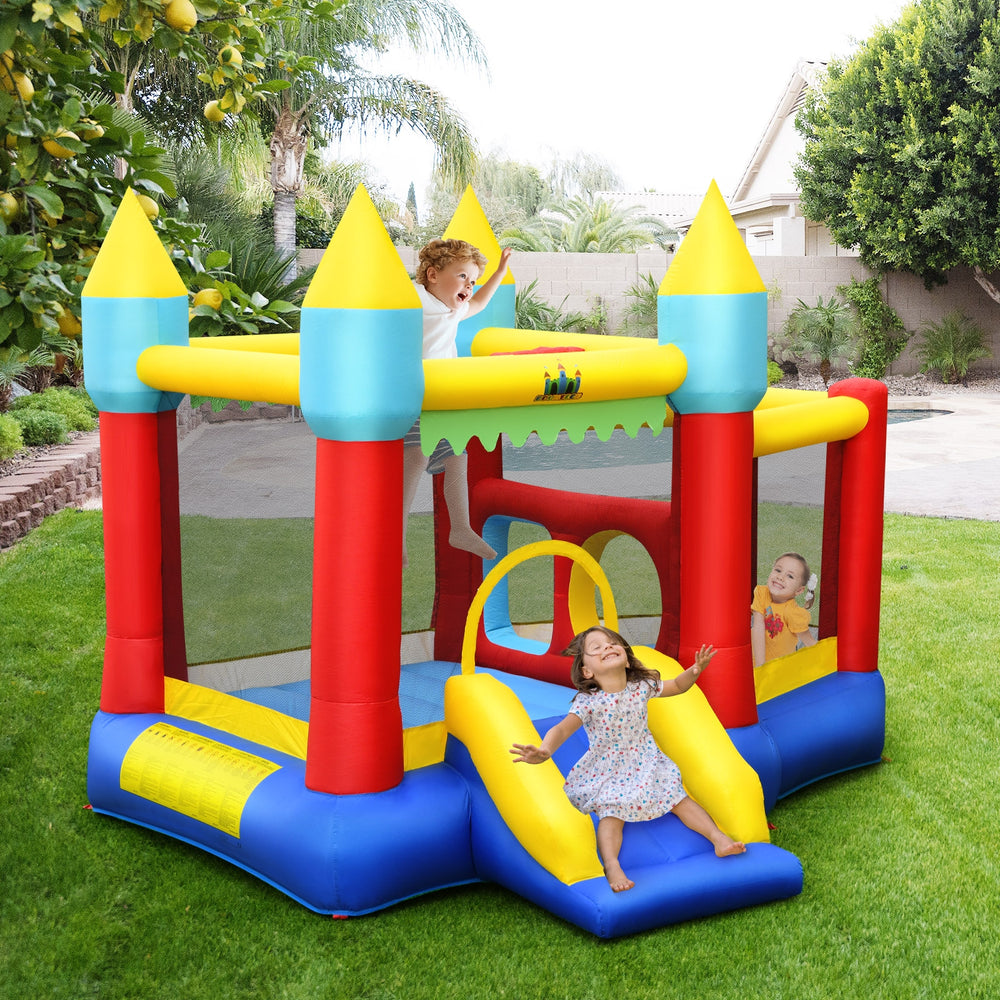 Colorful inflatable bounce slide castle featuring dual jumping areas, slide, and ocean balls for kids' outdoor fun.