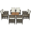 5-piece patio rattan furniture set with cushioned armchairs and acacia wood tabletop, perfect for outdoor gatherings.