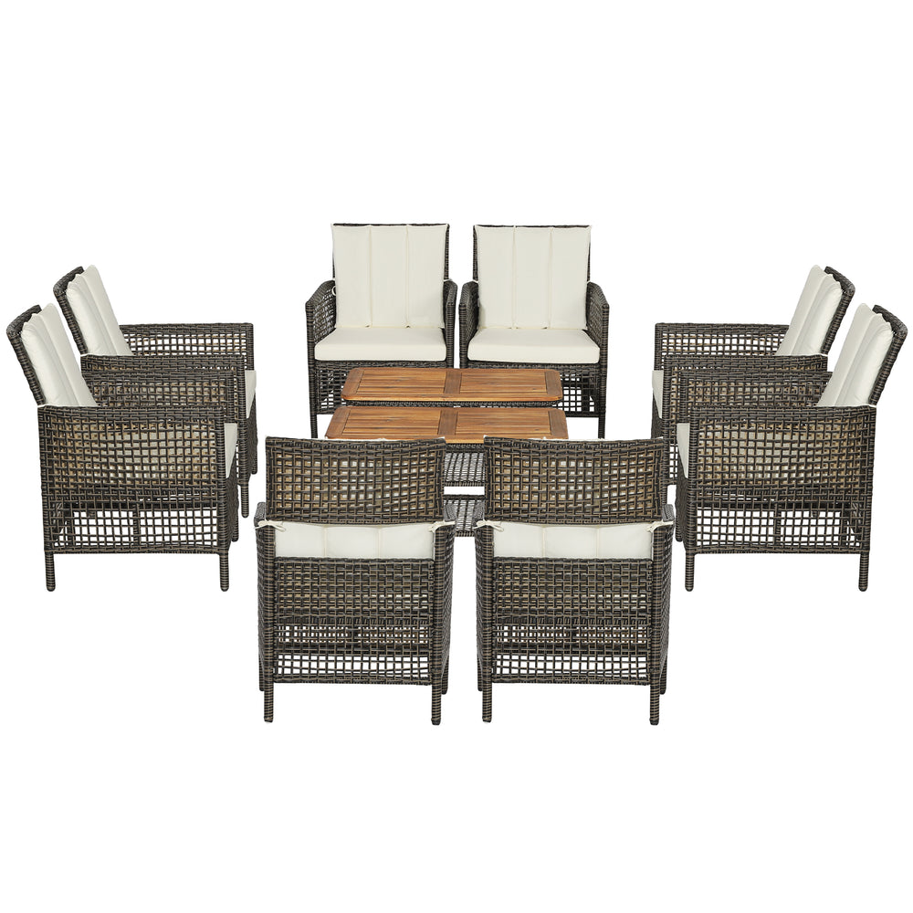 5-piece patio rattan furniture set with cushioned armchairs and acacia wood tabletop, perfect for outdoor gatherings.