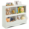 White kids storage unit featuring four divided shelves, perfect for organizing toys and books in a stylish design.