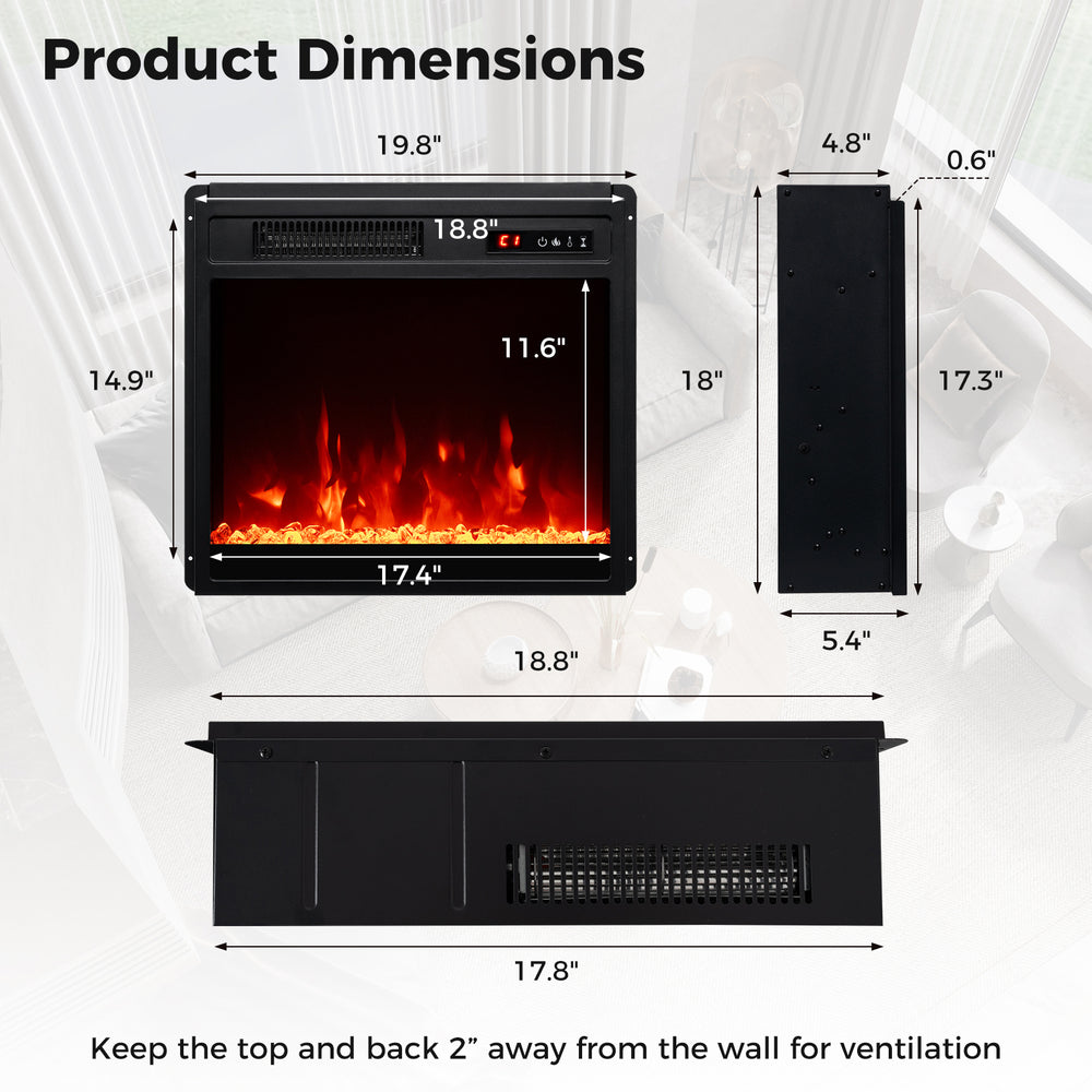Product dimensions of the 18 Inch Electric Fireplace Insert, showcasing size and layout for easy installation and use.