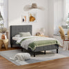 Platform bed with button tufted gray headboard, featuring a modern design and 7-inch under-bed storage space.