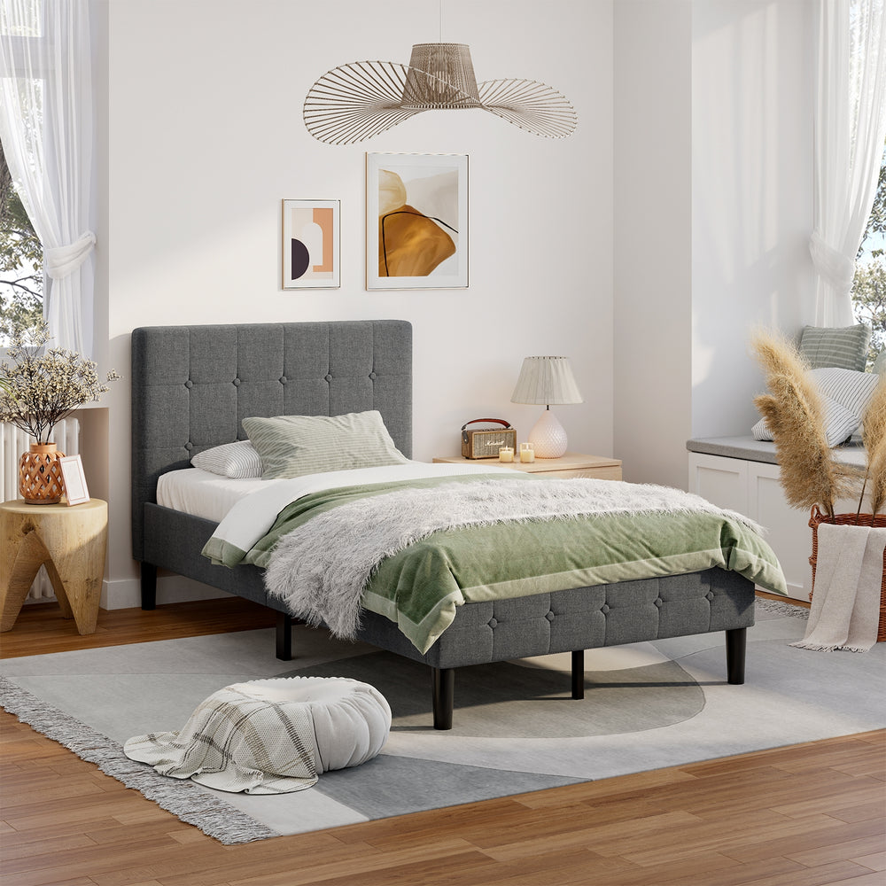 Platform bed with button tufted gray headboard, featuring a modern design and 7-inch under-bed storage space.