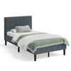 Twin platform bed with gray button tufted headboard, sturdy construction, and 7-inch under-bed storage space.