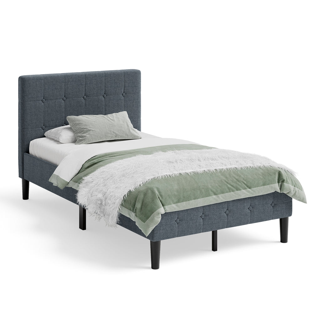 Twin platform bed with gray button tufted headboard, sturdy construction, and 7-inch under-bed storage space.