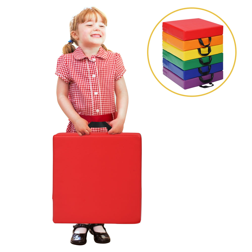 Colorful 15-inch square toddler floor cushions with handles, made of durable foam for comfortable seating and easy.