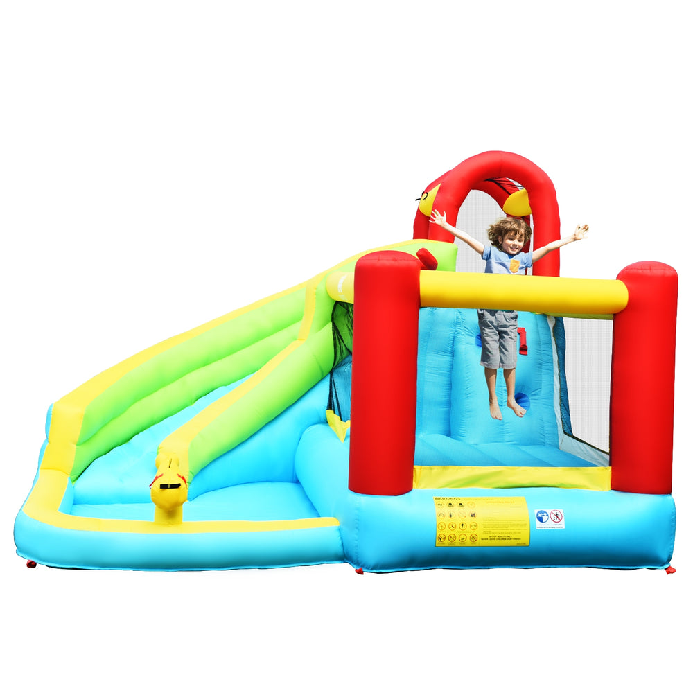 Inflatable bounce house with climbing wall and water slide, featuring bright colors for backyard fun and summer parties.