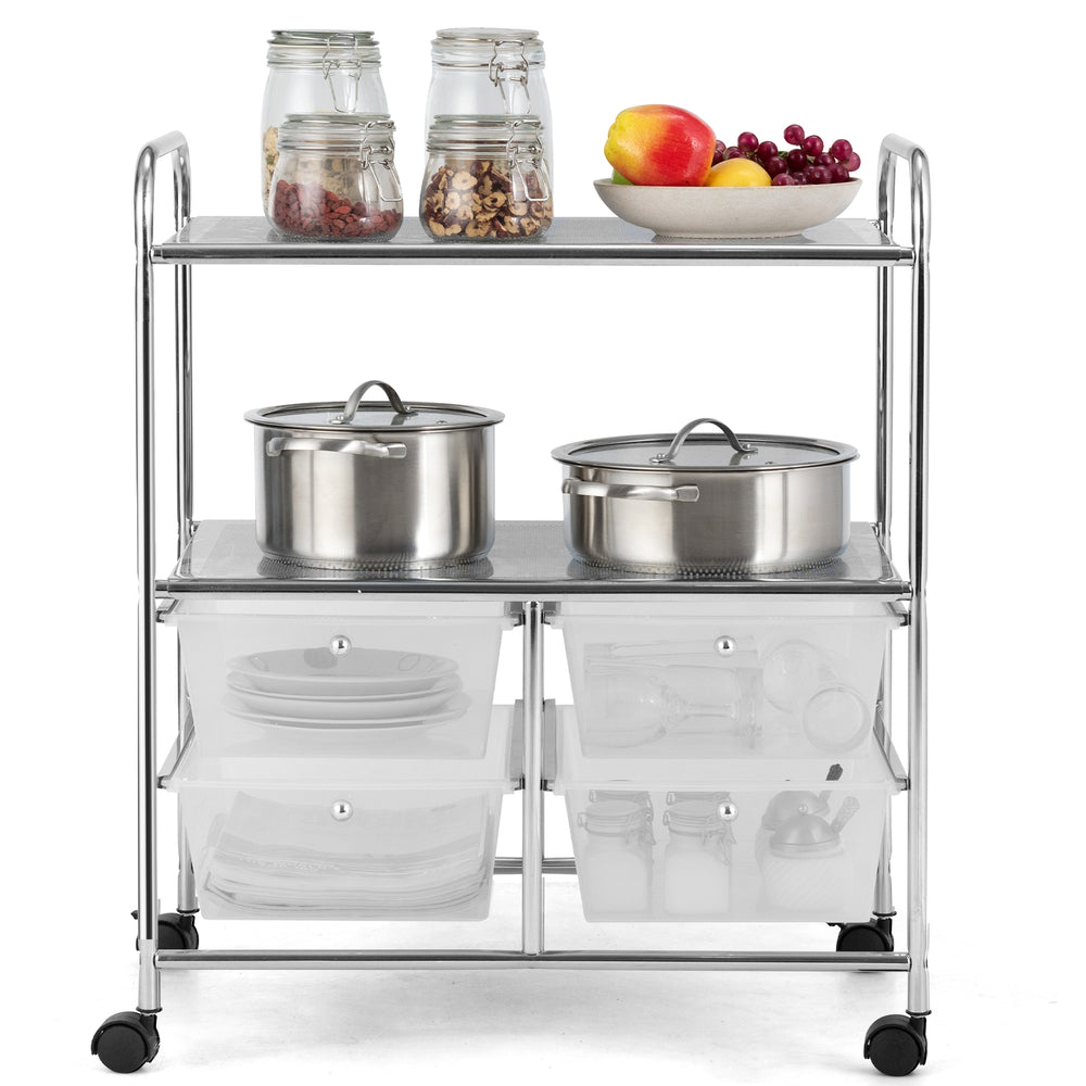 Rolling storage cart with 4 drawers and 2 mesh shelves, made of steel, ideal for kitchen and office organization.