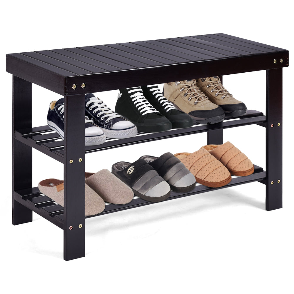 Three-tier black bamboo shoe shelf with shoes displayed, ideal for storage and as a bench for living spaces.