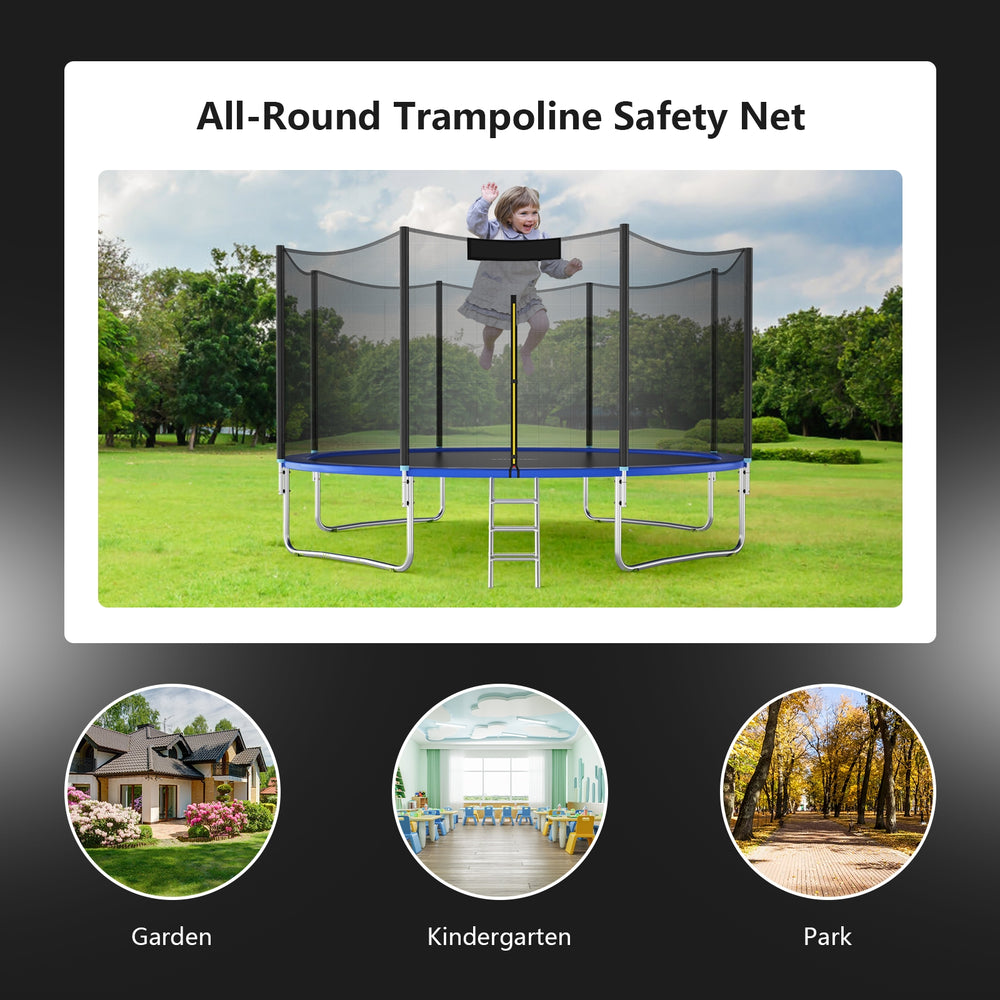 8FT trampoline safety enclosure net made of durable PE material, featuring a double-headed zipper door for easy access.