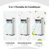 8000 BTU portable air conditioner in white, showcasing cooling, dehumidifying, and fan modes for versatile comfort.