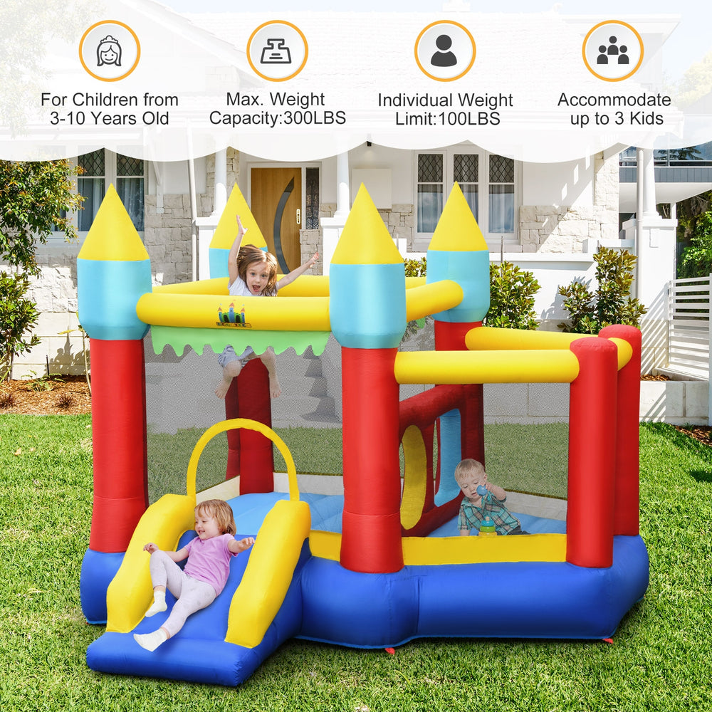 Colorful inflatable bounce slide castle for kids aged 3-10, featuring dual jumping areas and a wide slide.