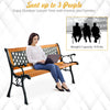 Outdoor cast iron patio bench with solid wood seat, seating up to 3 people, ideal for outdoor leisure time.