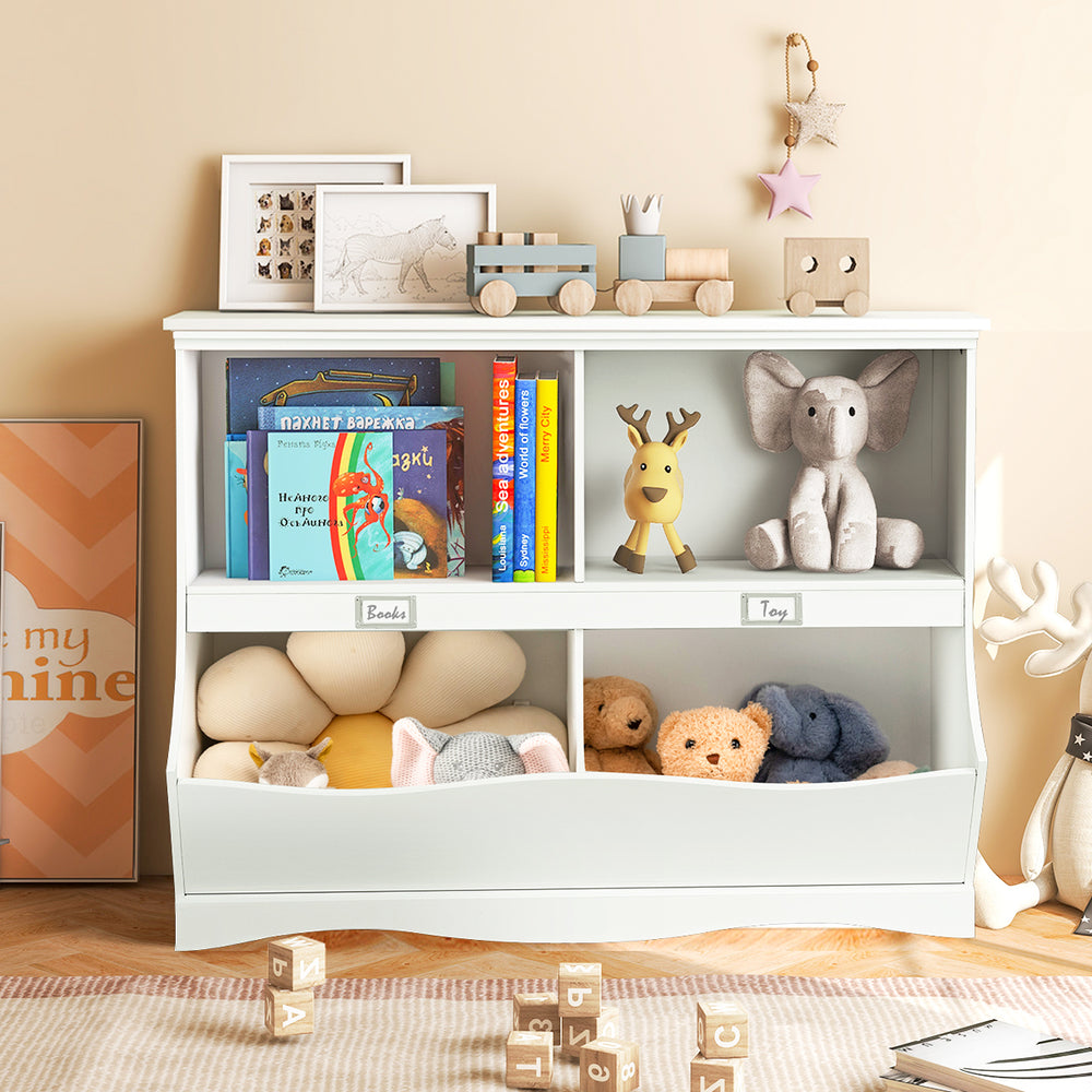 White kids storage unit showcasing books and toys, designed with a sturdy frame and elegant style for children's spaces.