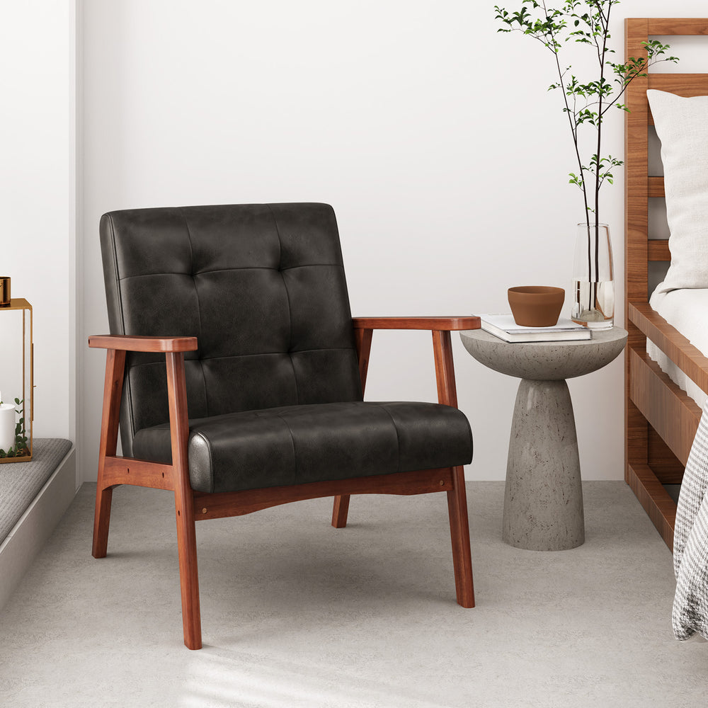 Mid Century Accent Chair with Solid Rubber Wood Frame and Leather Cover-Black - Gallery View 1 of 10