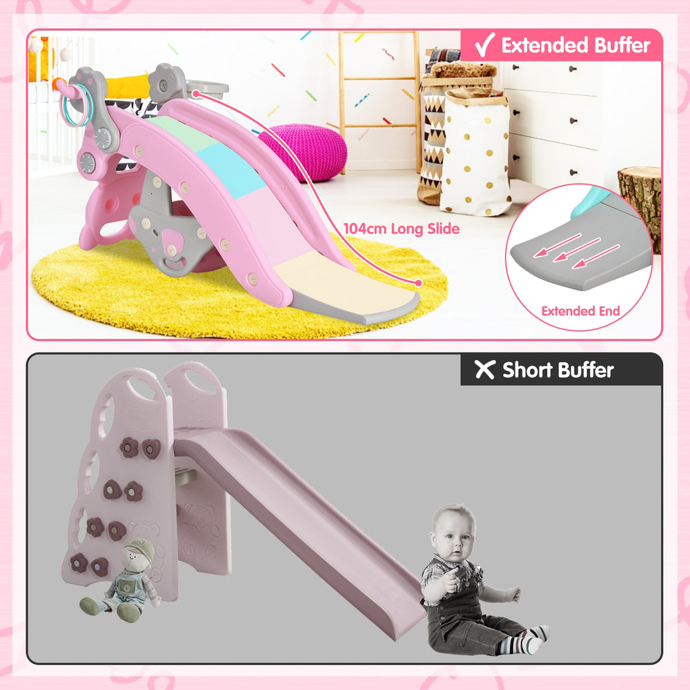 Toddler slide and rocking horse playset in pink, featuring a 104cm long slide and safe HDPE material for kids' play.
