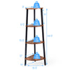 4-tier corner shelf with black metal frame and wood shelves, measuring 49.5" tall, ideal for compact spaces and storage.