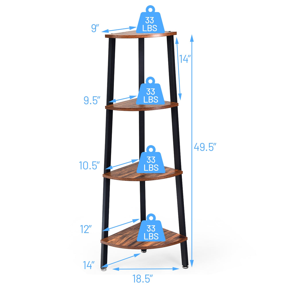 4-tier corner shelf with black metal frame and wood shelves, measuring 49.5" tall, ideal for compact spaces and storage.