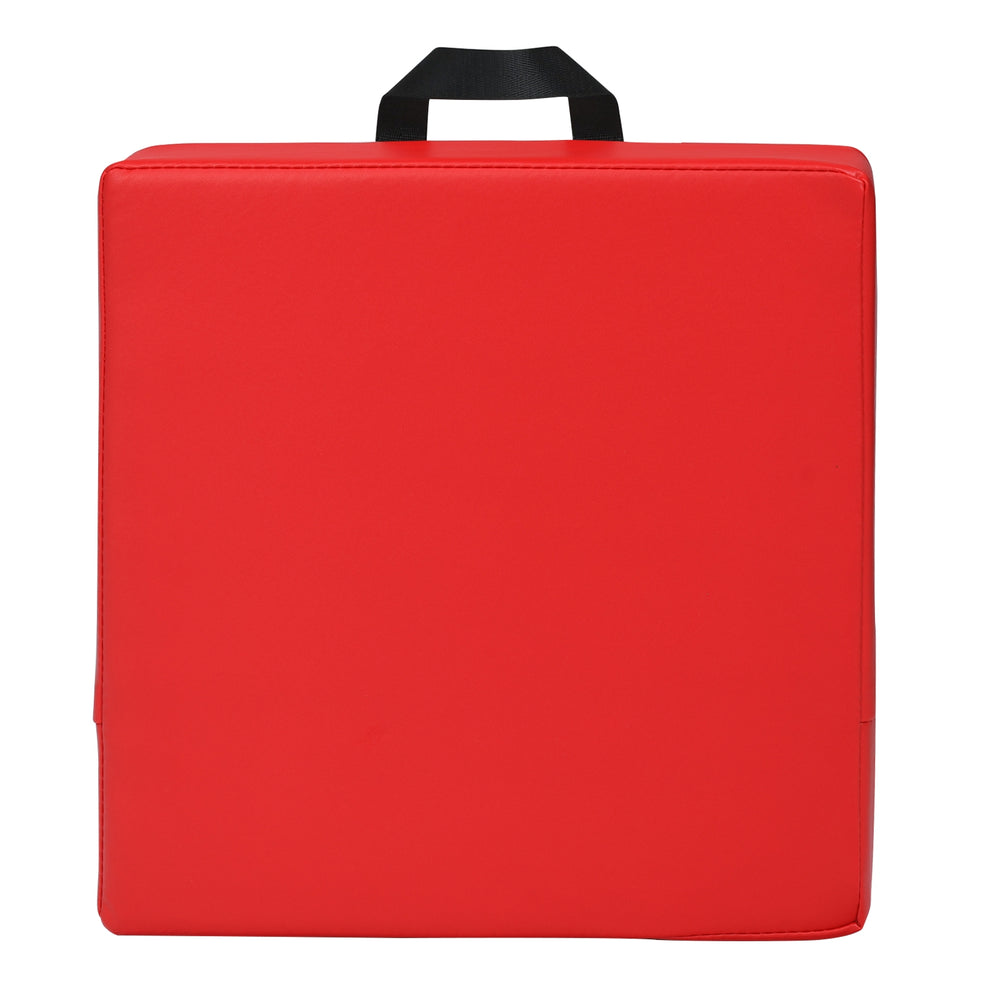 Red 15-inch square toddler floor cushion with ergonomic handle, made of waterproof PU and EPE foam for comfortable.