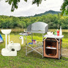 Foldable outdoor BBQ grilling table with windscreen, featuring aluminum construction, side tables, and zippered storage.