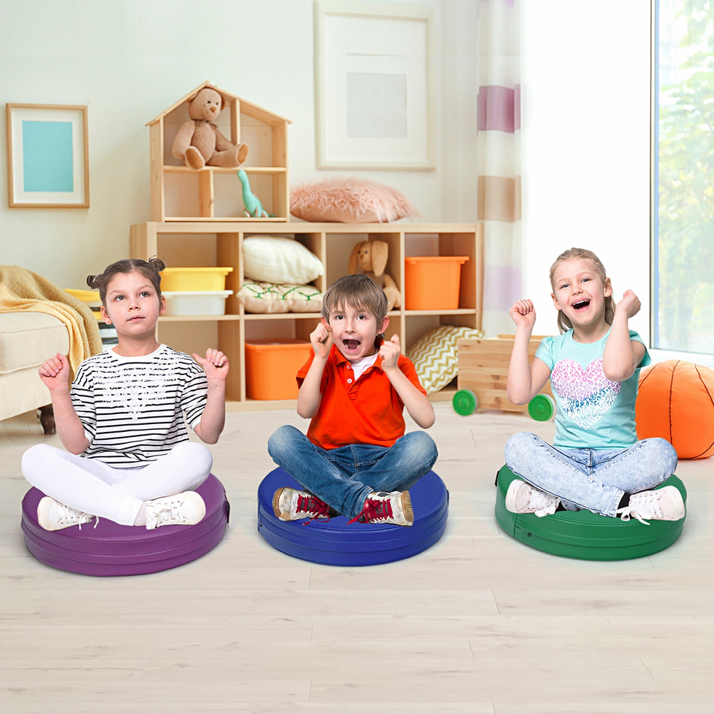 Colorful 15-inch round toddler floor cushions for kids, made of durable PU and EPE, ideal for playtime and learning.