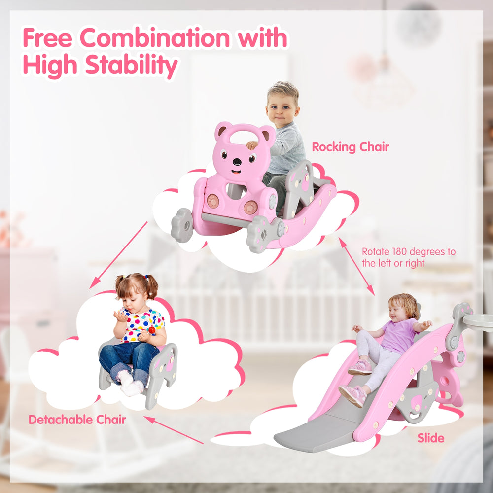 4-in-1 pink toddler slide and rocking horse playset with detachable chair, designed for safe play and easy assembly.