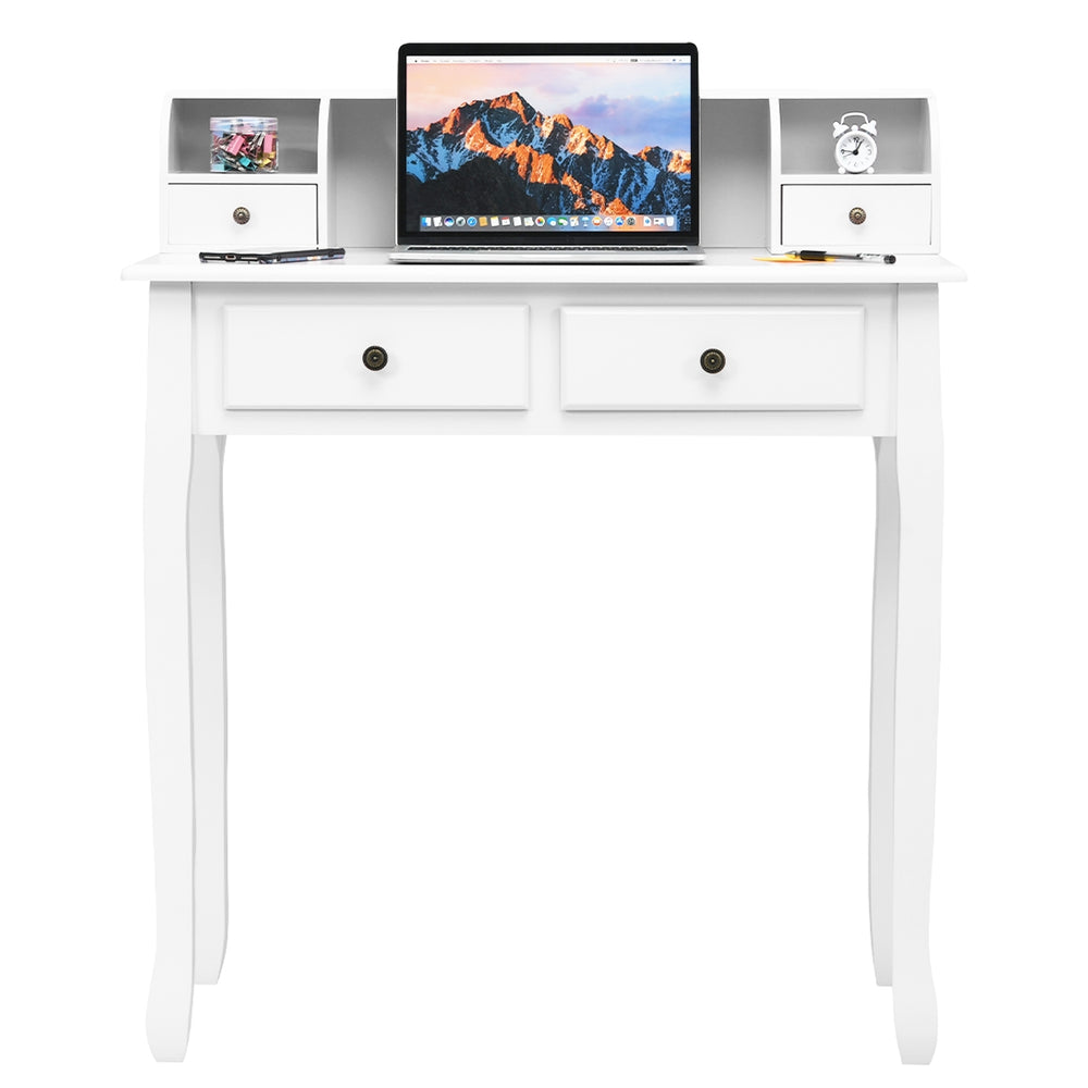 Stylish white writing desk featuring a sleek design and 4 drawers, perfect for home organization and dressing needs.