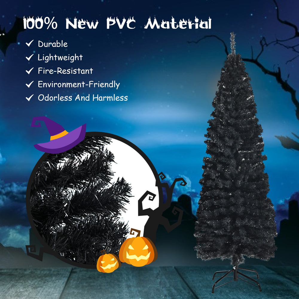 6ft black unlit artificial pencil tree with 520 branch tips, metal stand, perfect for Halloween and Christmas.