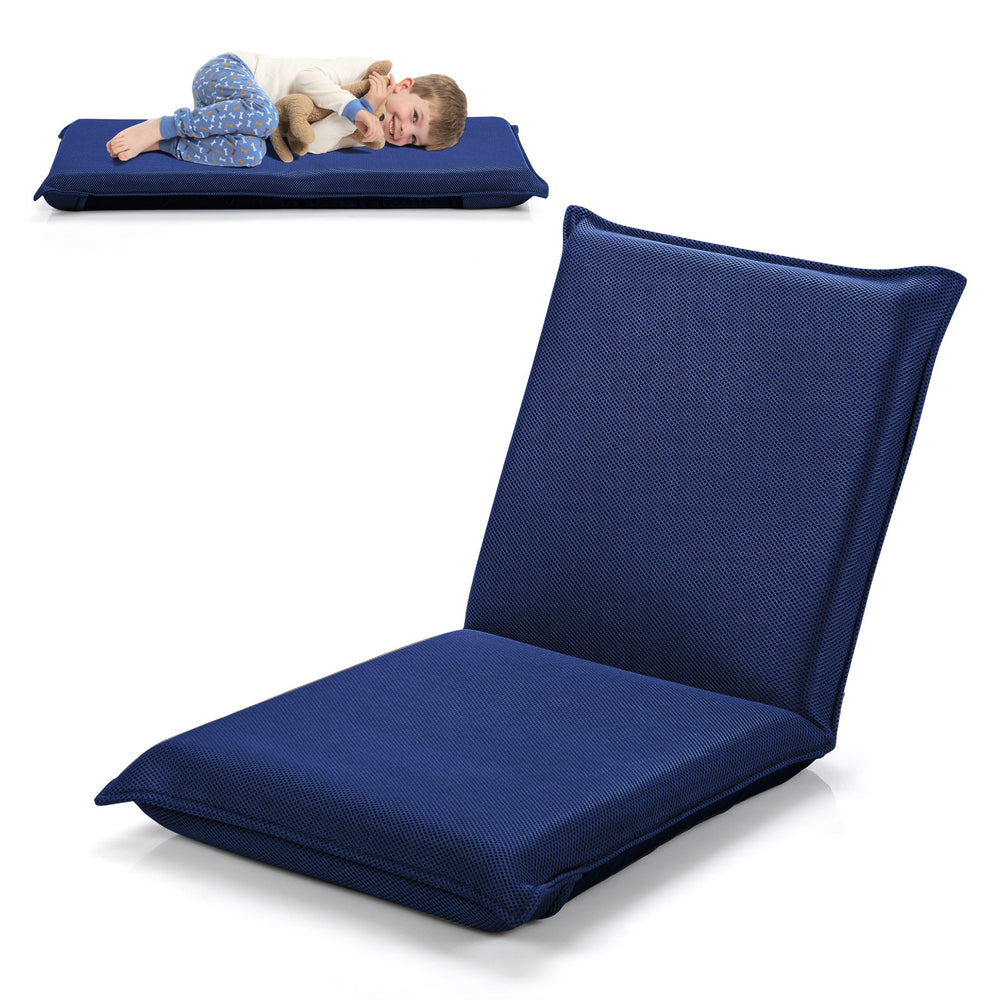 Adjustable navy floor chair with 6 positions, thick padded cushion for comfort, perfect for reading or gaming.