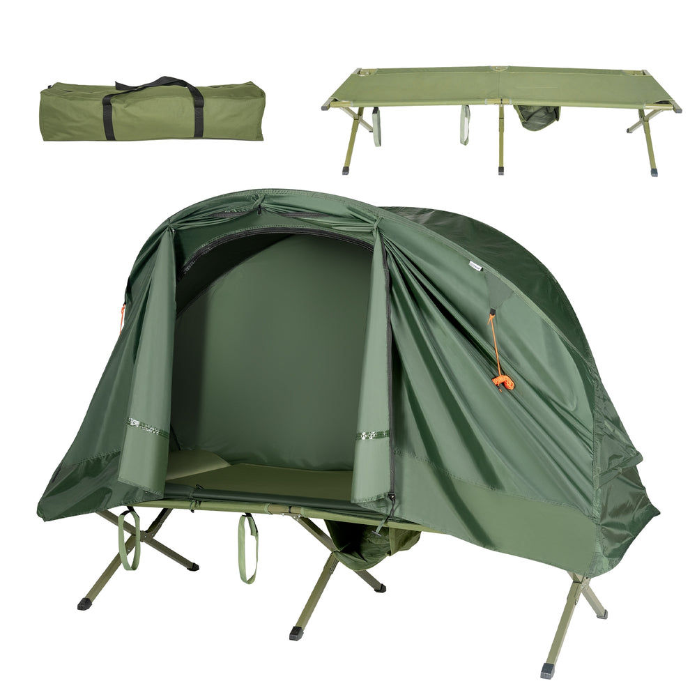 Elevated compact tent set in green with cot, external cover, and sleeping mat for comfortable camping experiences.