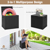 Black 30-gallon deck box storage container with woodgrain finish, used as a stool, side table, or storage box.