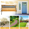 Outdoor cast iron patio bench with solid wood seat, 49.5" x 20.5", perfect for garden or backyard seating.