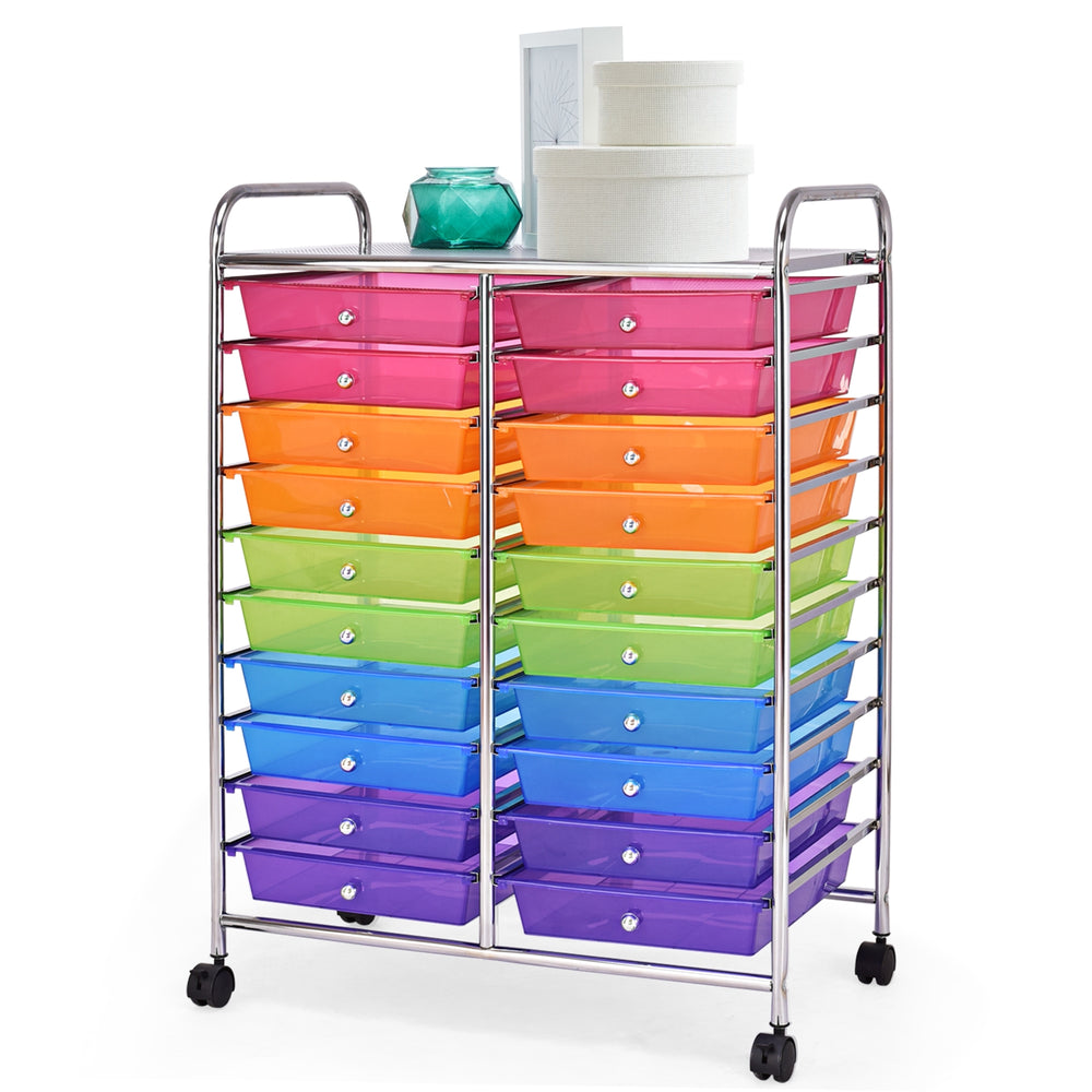 Colorful 20-drawer rolling cart with chrome metal frame, ideal for organizing supplies in home, office, or classroom.