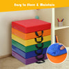 Stack of six multicolor 15-inch toddler floor cushions with handles, made of waterproof PU and EPE foam for easy.
