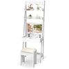 Modern white 3-in-1 shelf vanity set with flip top mirror, 6 organizers, and matching stool for small spaces.