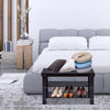 Black 3-tier bamboo bench storage shoe shelf with shoes and cushions, perfect for bedroom or living room use.