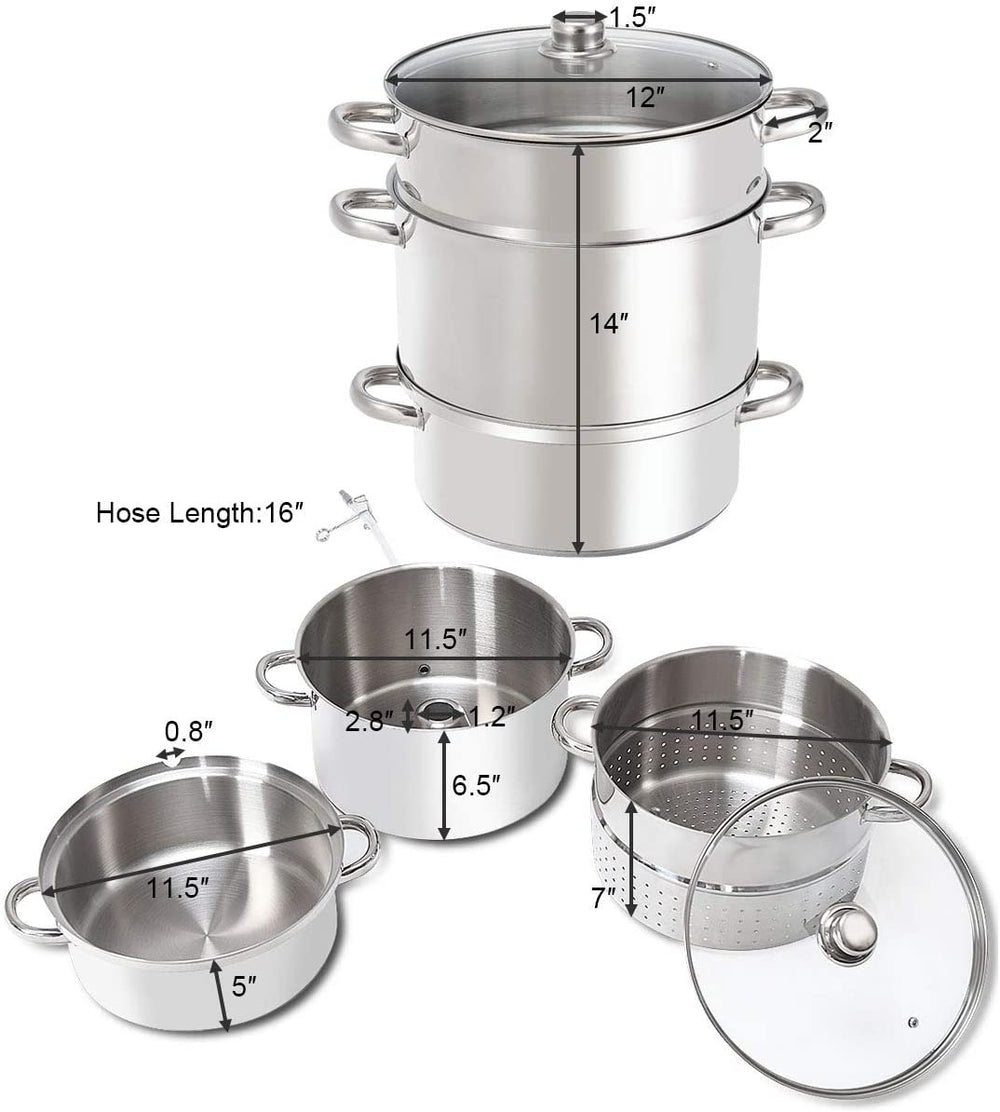 Stacked 11-quart stainless steel pan fruit juicer steamer with tempered glass lid and loop handles for versatile.