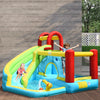 Side view of the 6-in-1 inflatable bounce house showcasing the climbing wall and water slide, ideal for summer backyard.