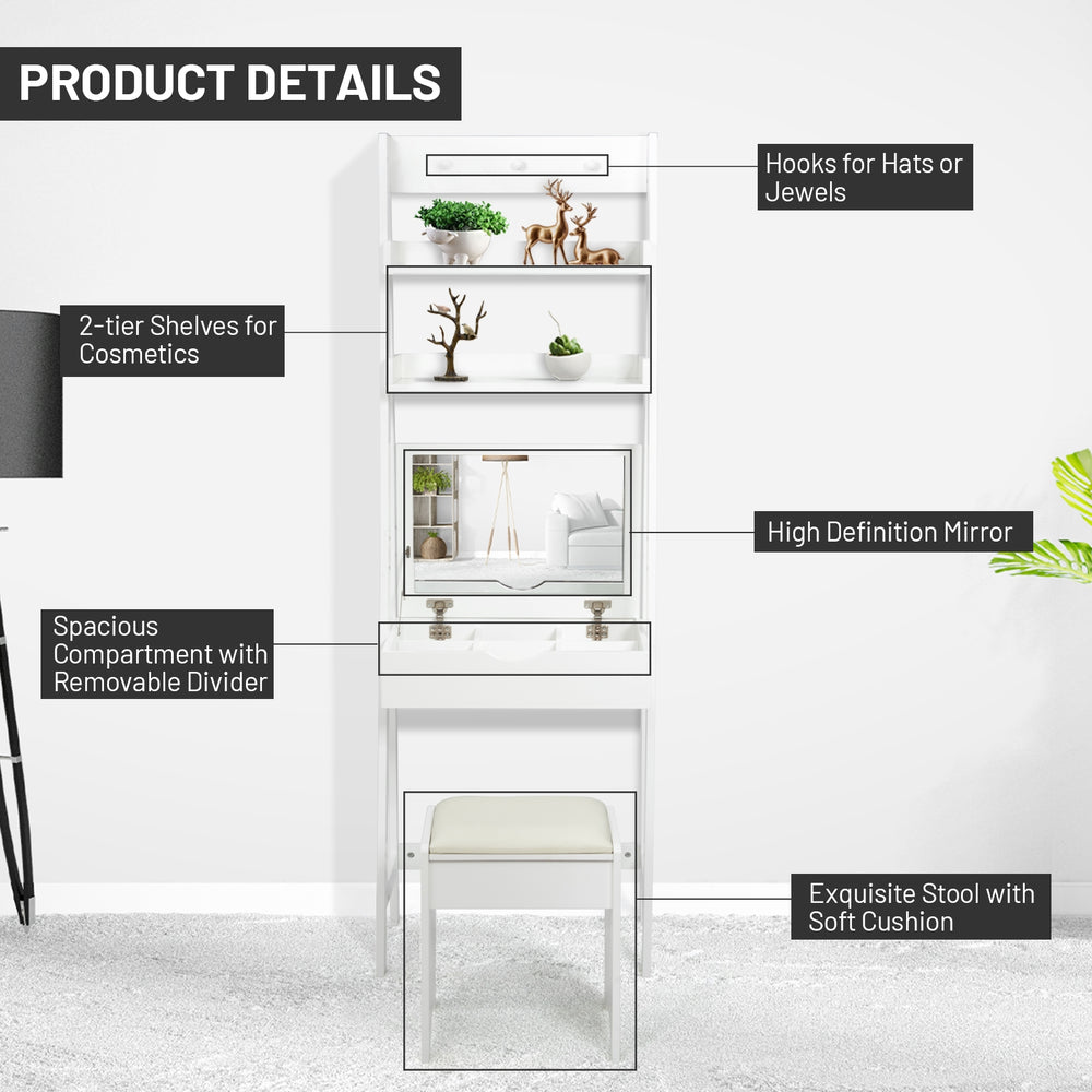 Modern shelf vanity set featuring a flip top mirror, 2-tier shelves, and a soft cushion stool for versatile use.